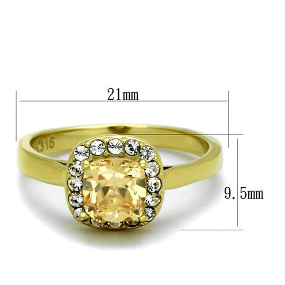 ARTK2173 Stainless Steel 1.24 Ct Cushion Cut Champagne CZ Halo Engagement Ring Sizes 5-10